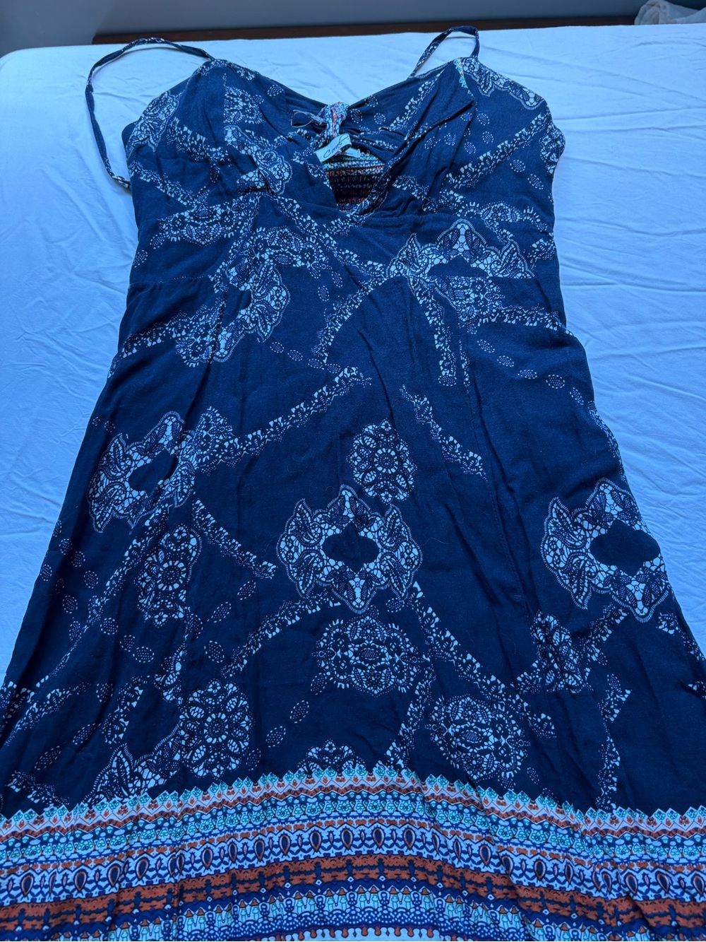 Corral Navy Smocked Maxi Dress with Orange and Green Stripe Detail